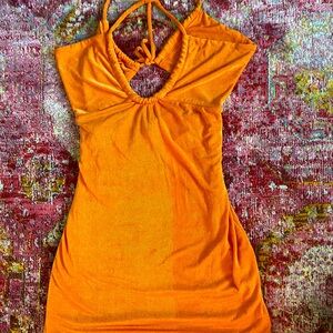 Double lined orange mini dress 70s inspired